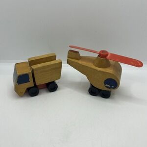 Mattel 1971/72 Vintage Wooden Truck Helicopter Wood Toy Vehicles Korea Push Toys